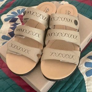 Clarks leather sandals (new) Sand color, never worn size 8.5